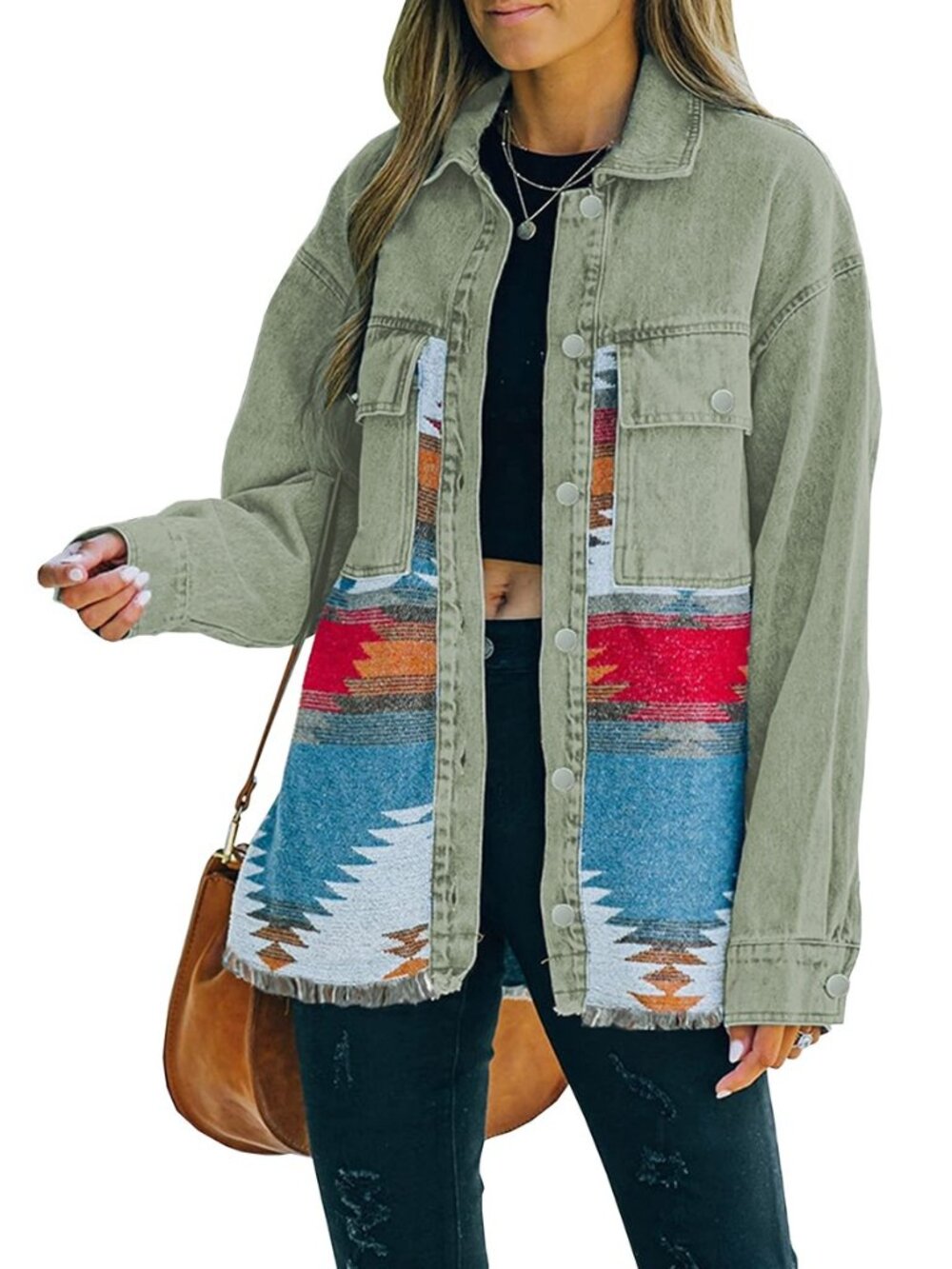 Womens Aztec Denim Jacket Distressed Vintage Button Down Shacket